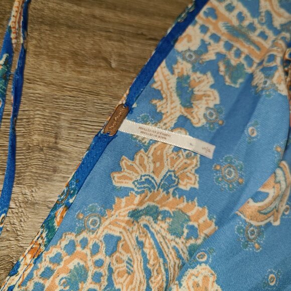 Free People size S Satin Mini Flare Dress Printed Arzel Draped long Sleeve - Picture 5 of 9